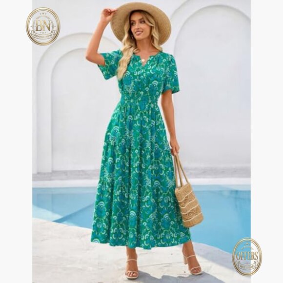 Viscose Maxi Dress with V-Neck Short Sleeves and Pockets - Picture 2 of 7